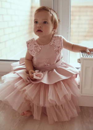 Blush Lace Tulle Peplum Flower Girl Dress